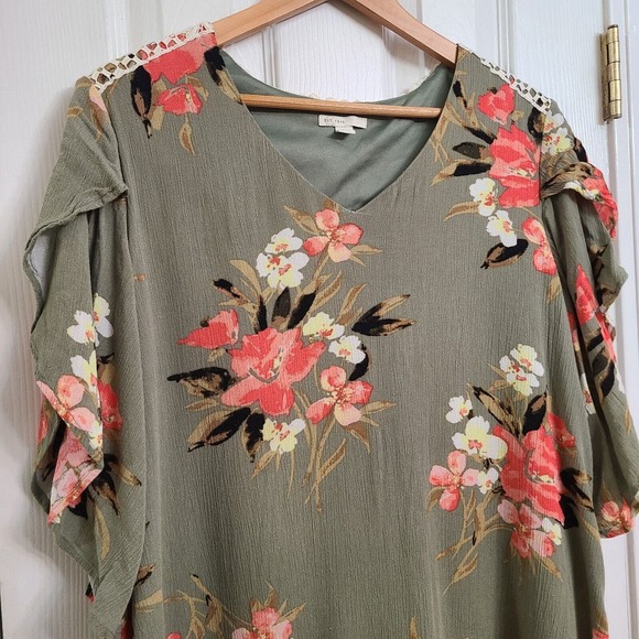 C EST 1946 Boho Floral Dress Gauzy Lined Flutter Sleeve Crochet Green Pink LARGE - Picture 2 of 12